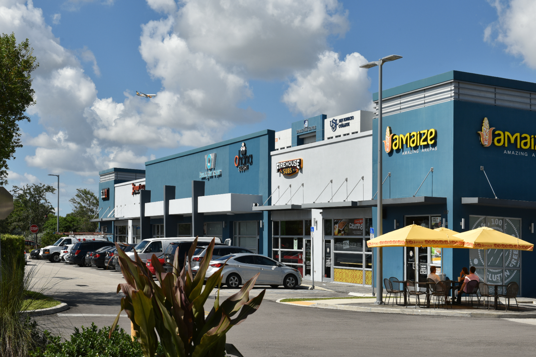 Aerial view of a multi-tenant neighborhood retail center in South Florida with palm-lined parking.